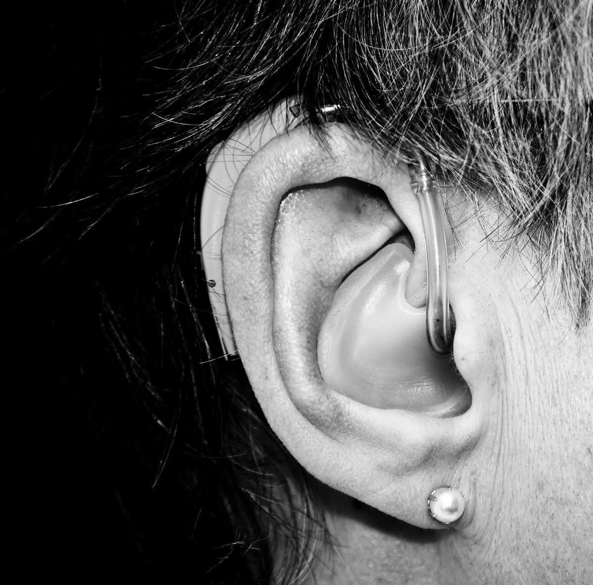 Black and white close-up of an ear